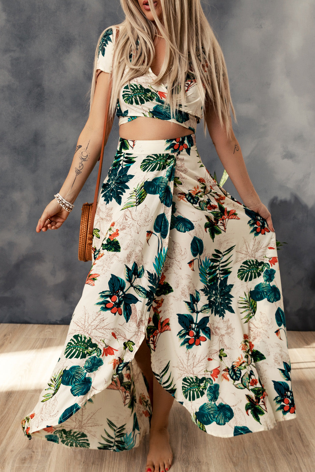 Apricot Tropical Print Crop Top and Maxi Skirt Set MSO0217