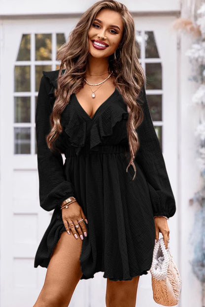Black Textured Ruffled V Neck High Waist Mini Dress MDS0150