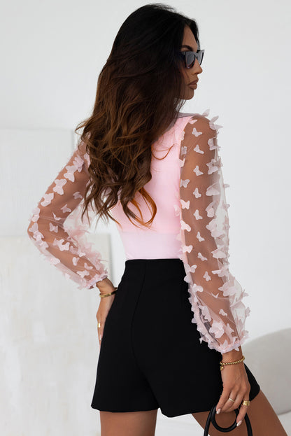 Pink Butterfly Tulle Sleeve Square Neck Bodysuit MRA0137