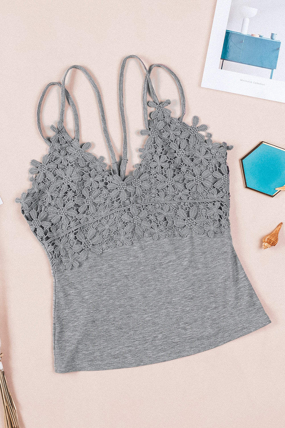 Gray Lace Overlay Strappy Hollow-out Tank Top MTJ0008