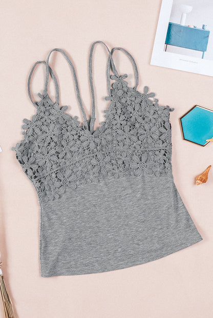 Gray Lace Overlay Strappy Hollow-out Tank Top MTJ0008