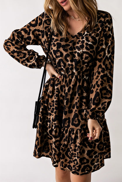 Leopard Ruffled Elastic Cuff Mini Dress MDJ0102