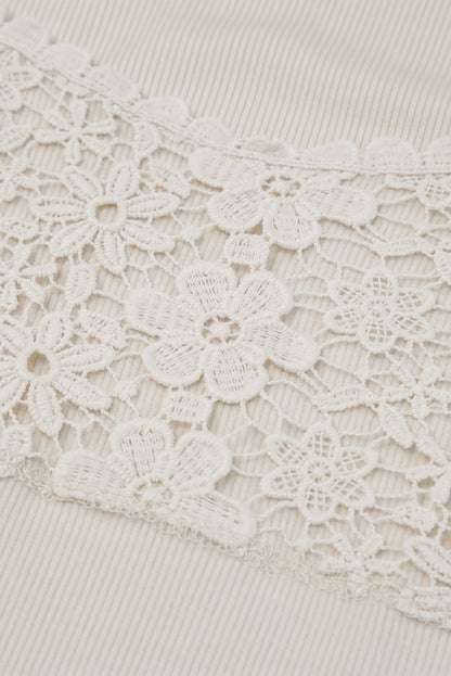Beige Lace Crochet V Neck Long Sleeve Top MTS0179