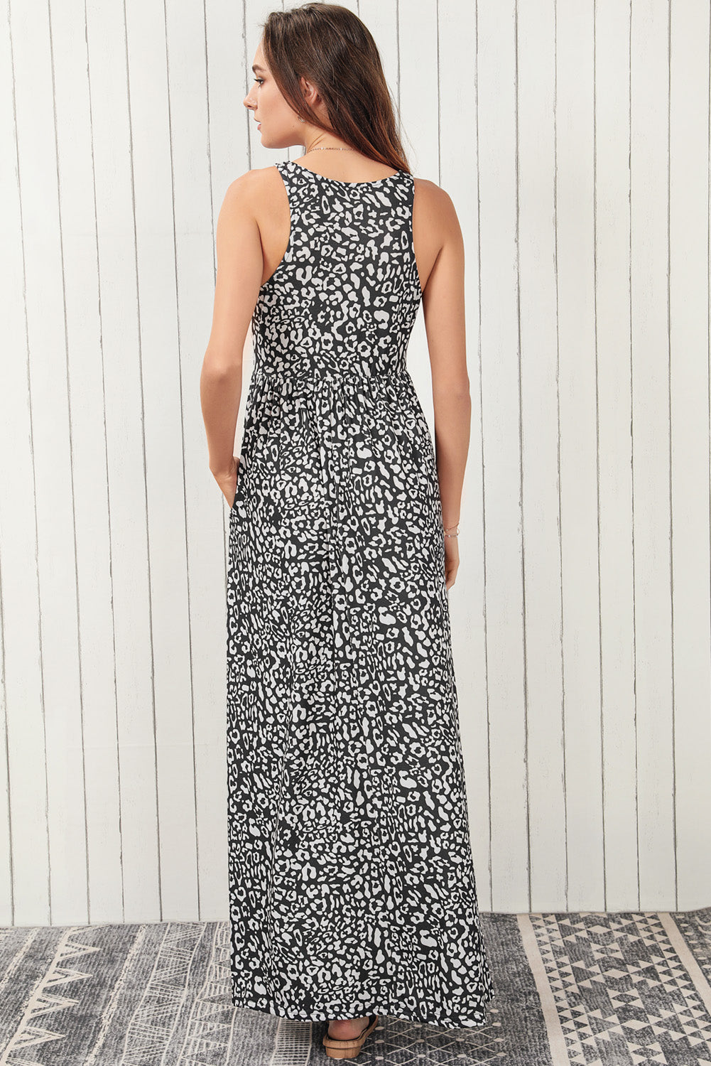 Gray Leopard Print Pocketed Sleeveless Maxi Dress MDJ0134