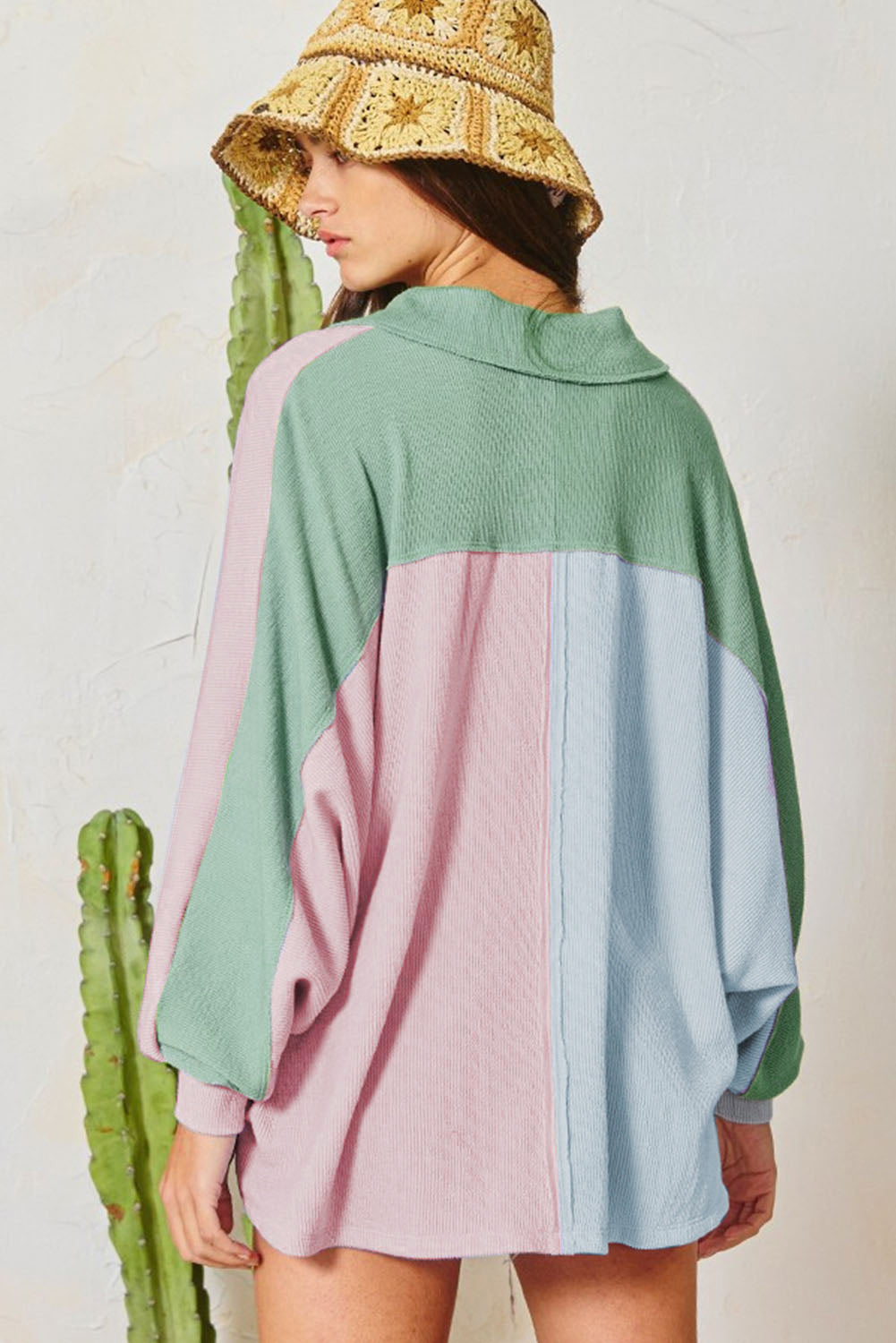 Multicolor Exposed Seam Colorblock Ribbed Oversized Henley Top MTS0182