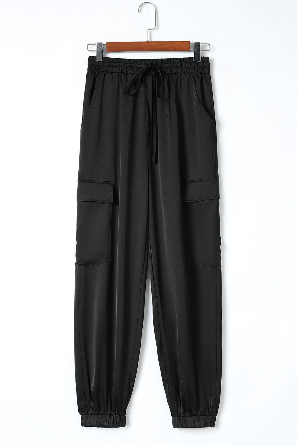 Black Satin Pocketed Drawstring Elastic Waist Pants MPJ0040