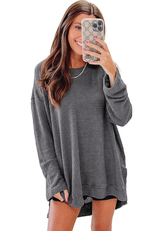 Gray Waffle Knit High Slits Oversized Top MDS0157