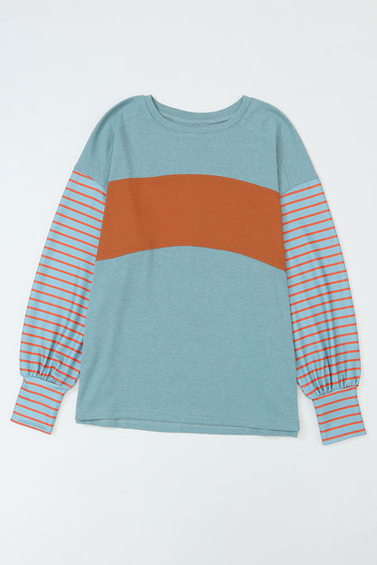 Green Colorblock Striped Bishop Sleeve Top MTS0163