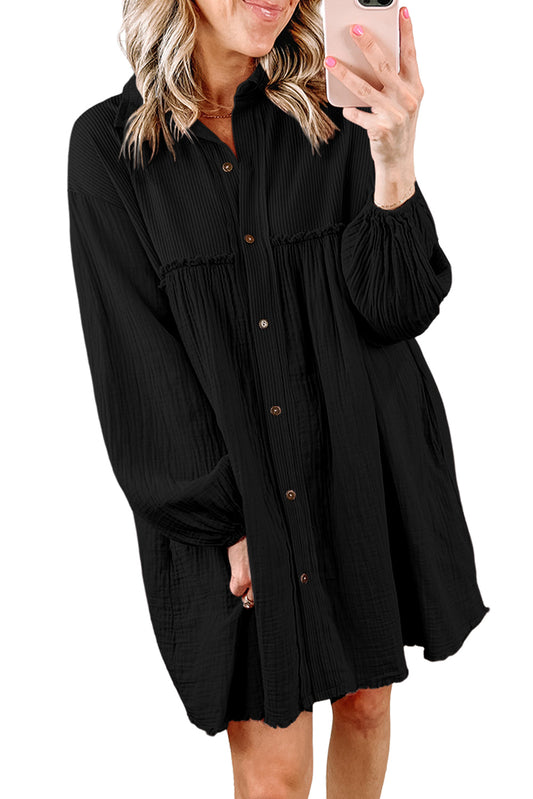 Black Patchwork Crinkle Puff Sleeve Shirt Dress MDS0153