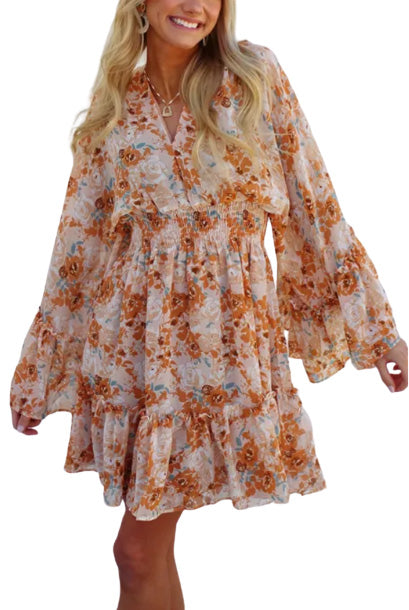 Orange Floral Smocked Waist Dress MDS0148