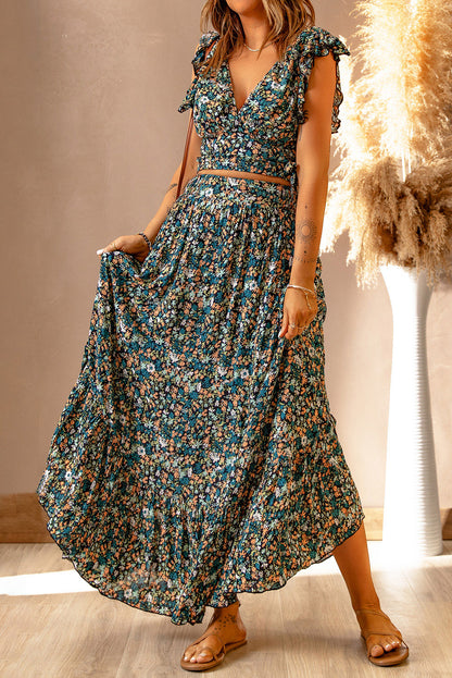 Multicolor Floral Ruffled Crop Top and Maxi Skirt Set MSO0218
