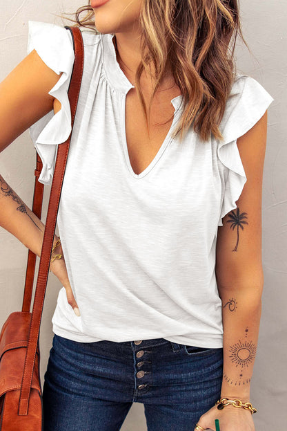 White Casual Solid V Neck Butterfly Sleeve Top MTO0198
