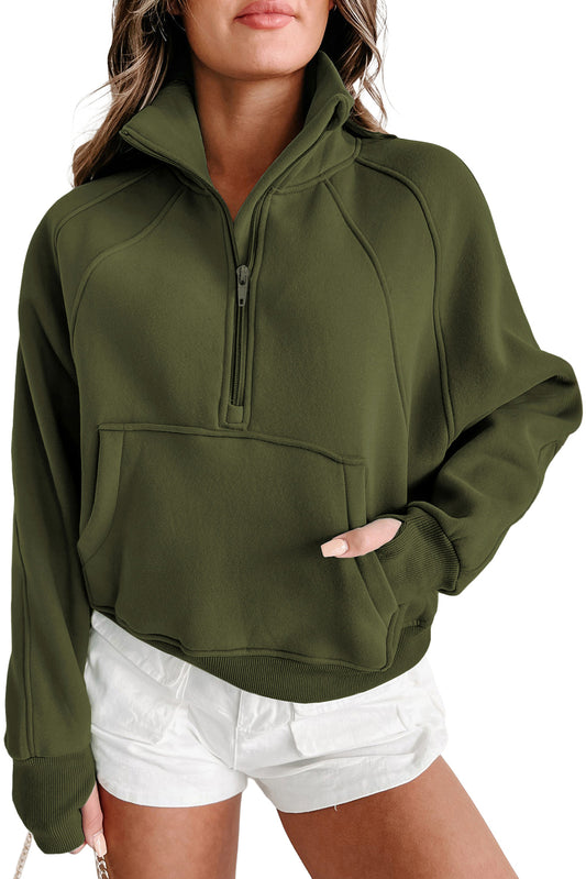 Green Zip Up Stand Collar Ribbed Thumbhole Sleeve Sweatshirt MTJ0088