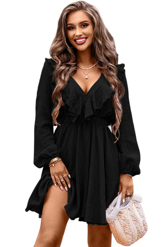 Black Textured Ruffled V Neck High Waist Mini Dress MDS0150