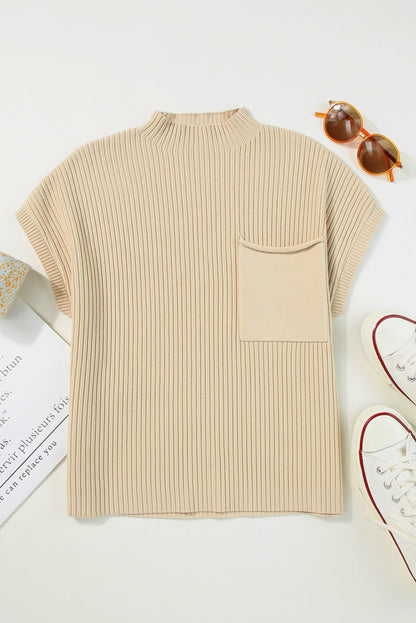 Oatmeal Patch Pocket Ribbed Knit Short Sleeve Sweater MTO0196