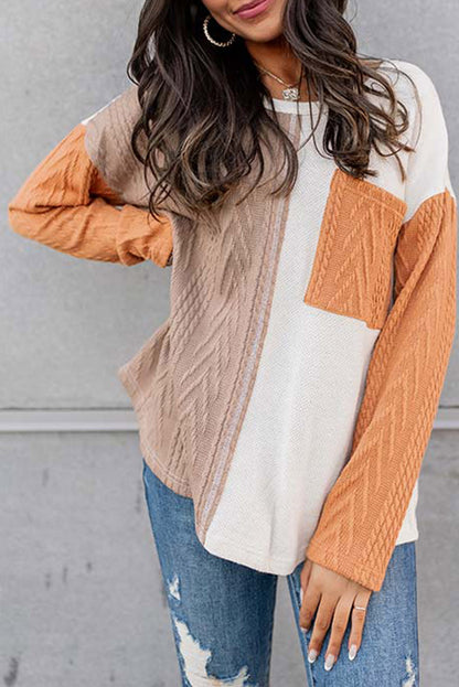 Orange Long Sleeve Colorblock Chest Pocket Textured Knit Top MTS0175