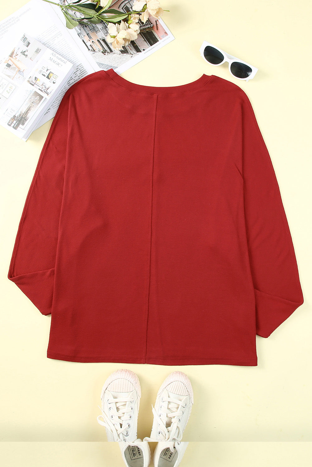 Red Solid Color Patchwork Long Sleeve Top MTS0177