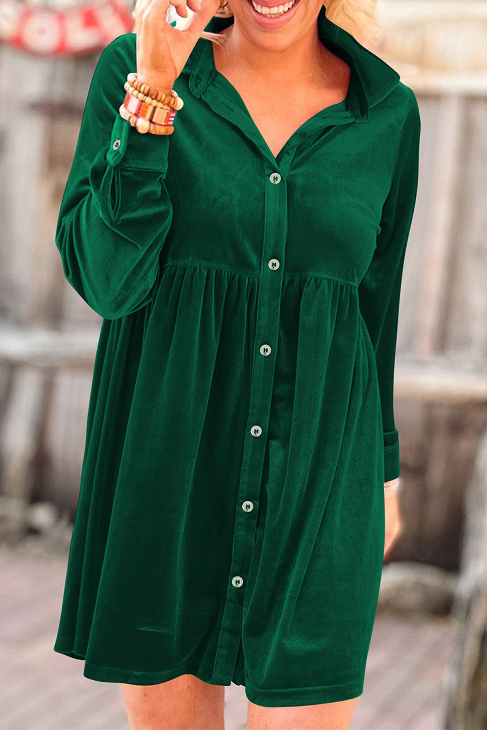 Green Long Sleeve Ruffle Velvet Button Up Dress MTS0168