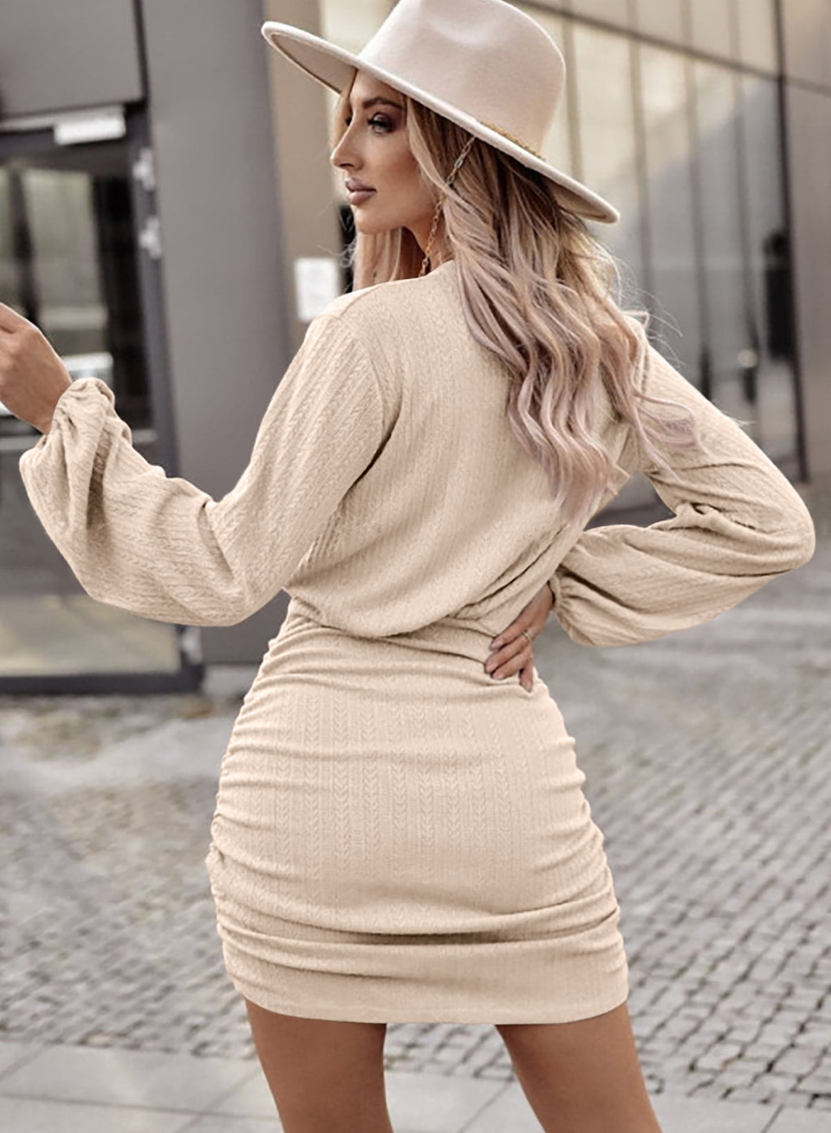Apricot Tactile Texture Ruched Side Bubble Sleeve Knit Dress MTS0174