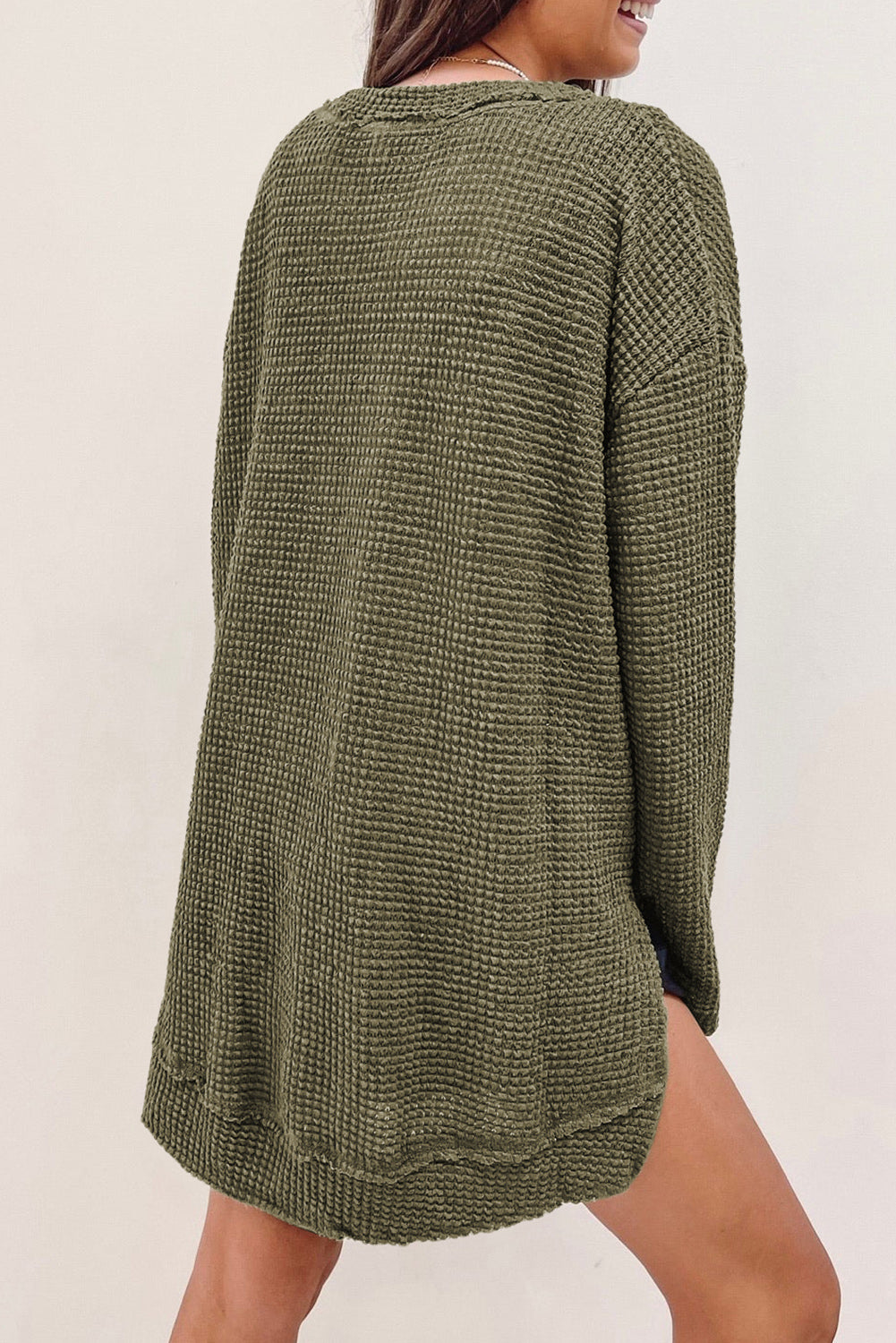 Green Waffle Knit High Slits Oversized Top MTS0176