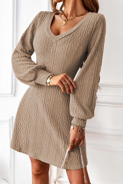Beige Textured Knit V-Neck Bishop Sleeve Sweater Dress MDJ0117