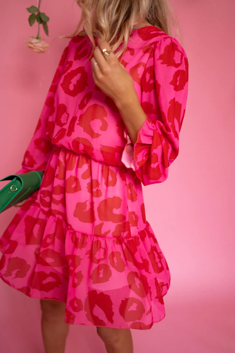 Rose Leopard Print Flounce Sleeve Ruffle Mini Dress MTS0166