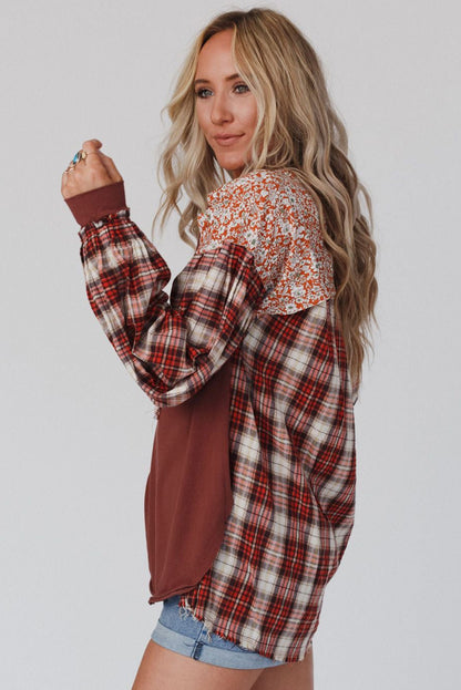 Red Floral Plaid Mixed Print Bishop Sleeve Patchwork Top MTS0183