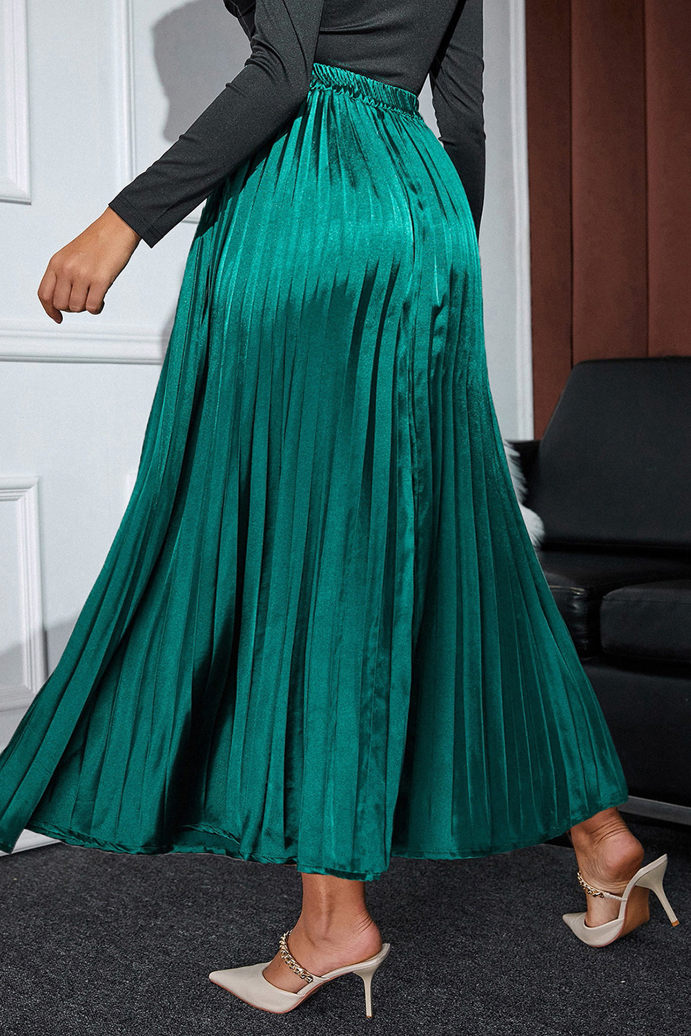 Blackish Green Satin Elastic Waist Pleated Maxi Skirt MEO0213