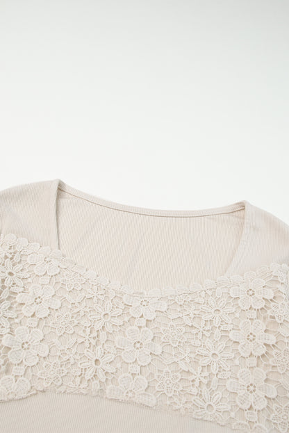 Beige Lace Crochet V Neck Long Sleeve Top MTS0179