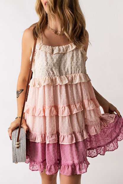 Pink Ombre Swiss Dot Ruffled Tiered Mini Dress MDJ0095