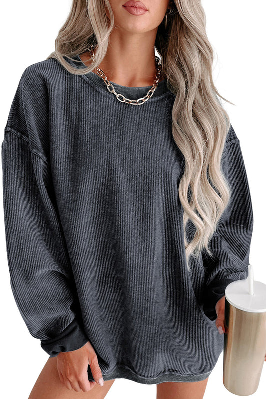 Gray Solid Ribbed Knit Round Neck Pullover Sweatshirt MTJ0126