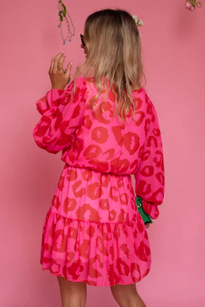 Rose Leopard Print Flounce Sleeve Ruffle Mini Dress MTS0166