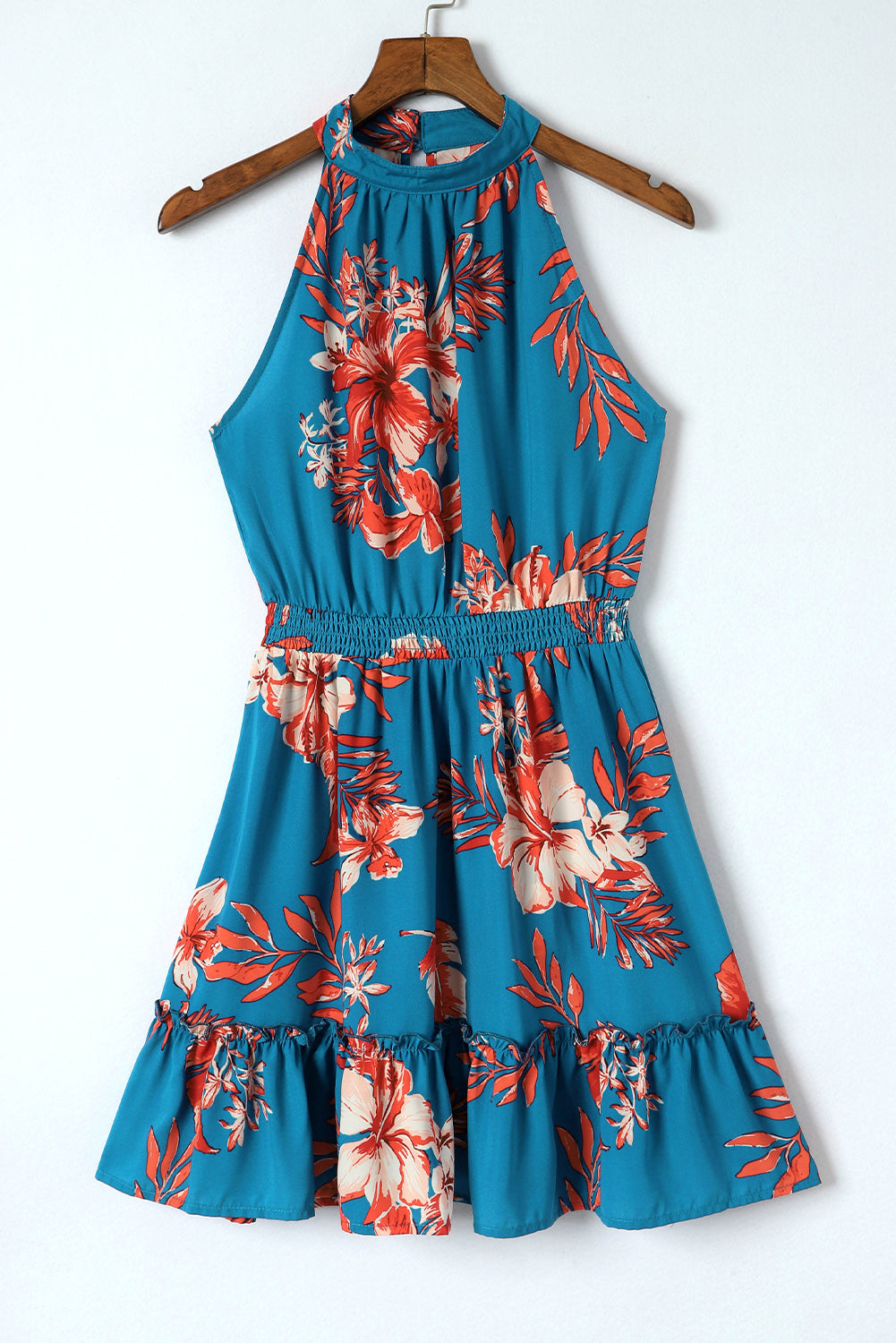 Sky Blue Floral Print Sleeveless Ruffled Mini Dress MDJ0096