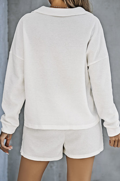White Ribbed Zipper Sweatshirt and High Waist Shorts Set MSJ0076