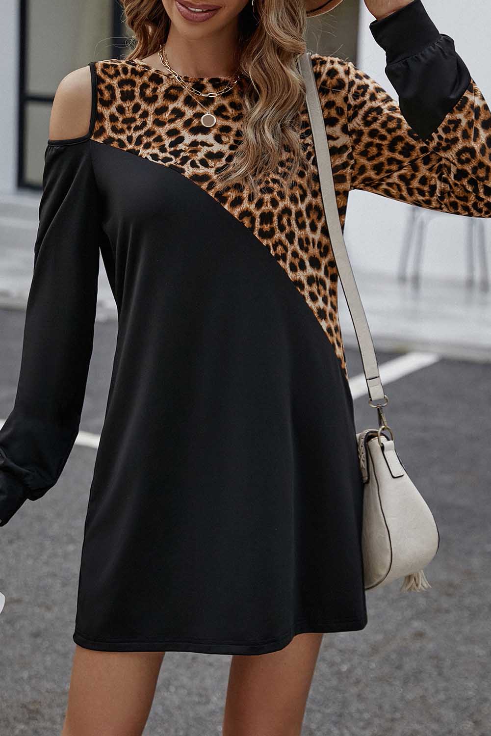 Black Asymmetric Cold Shoulder Leopard Colorblock Mini Dress MDS0154
