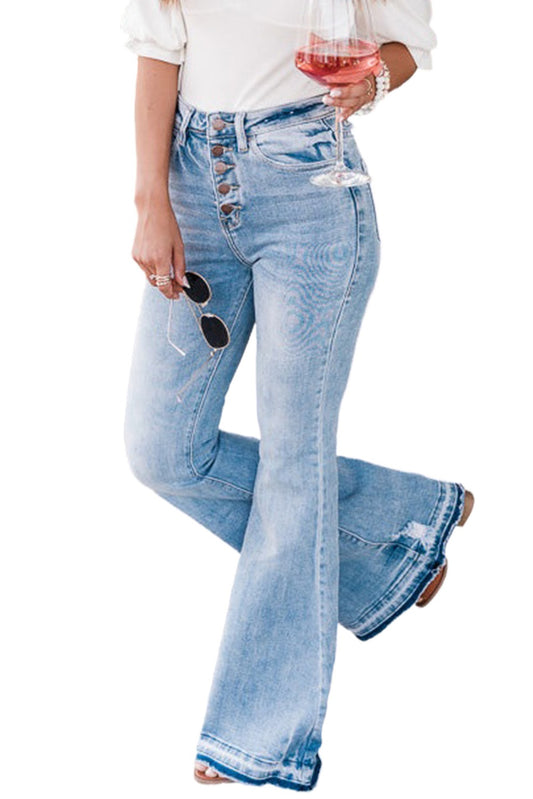 Sky Blue High Waist Buttoned Distressed Flared Jeans MPJ0025