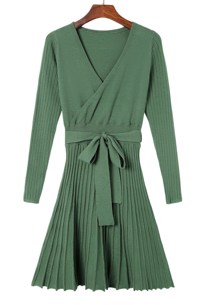 Belted V Neck Ribbed Pleated Sweater Dress MDJ0118