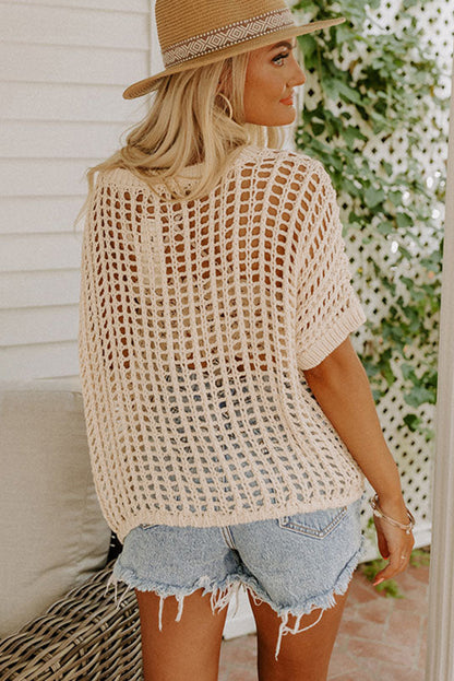 Apricot Fishnet Knit Ribbed Round Neck Short Sleeve Sweater Tee MTJ0030