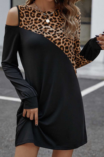 Black Asymmetric Cold Shoulder Leopard Colorblock Mini Dress MDS0154