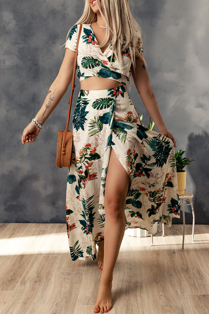 Apricot Tropical Print Crop Top and Maxi Skirt Set MSO0217