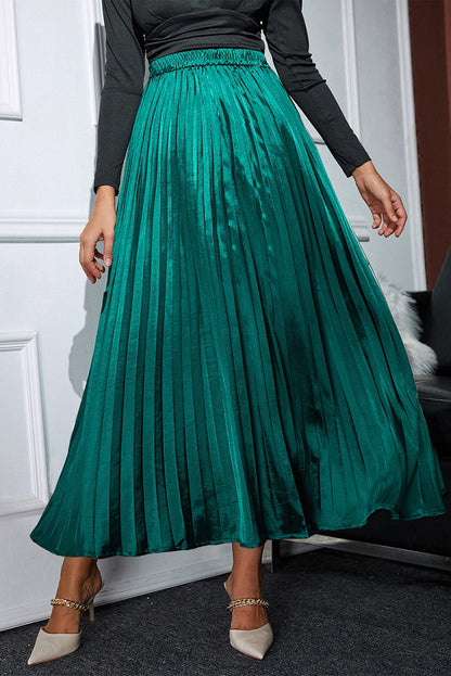 Blackish Green Satin Elastic Waist Pleated Maxi Skirt MEO0213