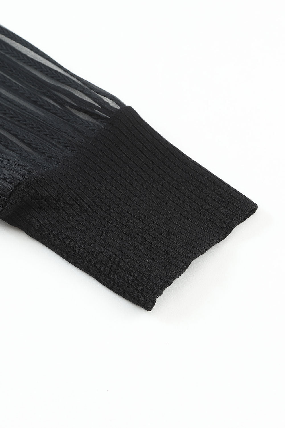 Black Striped Mesh Long Sleeve Crewneck Ribbed Top MTS0178