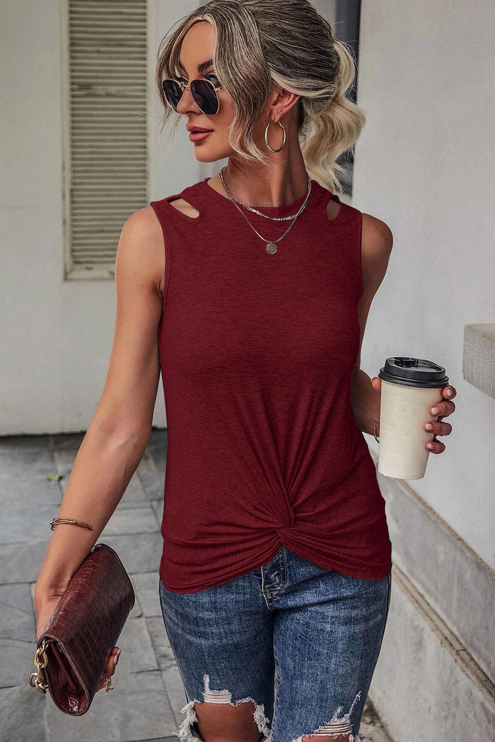 Rib Knit Cut-out Front Twist Sleeveless Tops MTO0192