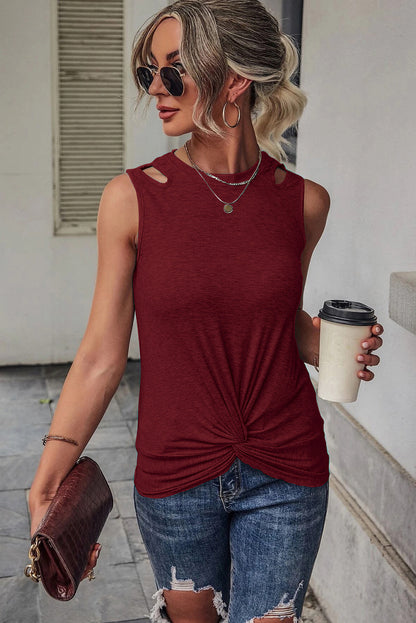 Rib Knit Cut-out Front Twist Sleeveless Tops MTO0192