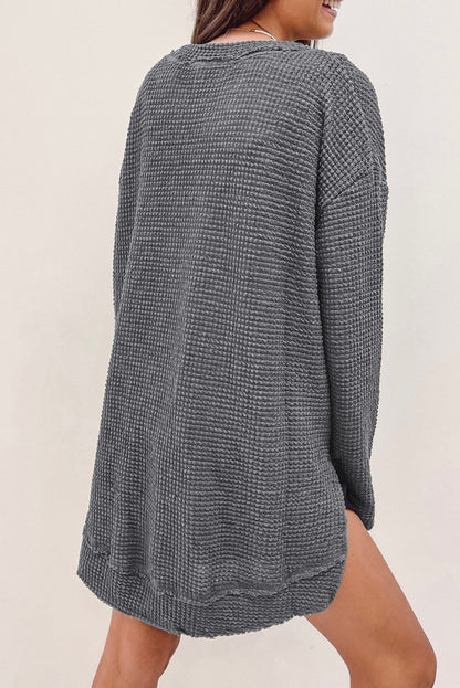 Gray Waffle Knit High Slits Oversized Top MDS0157