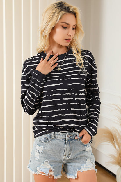 Black Retro Striped Casual Long Sleeve Top MTS0158