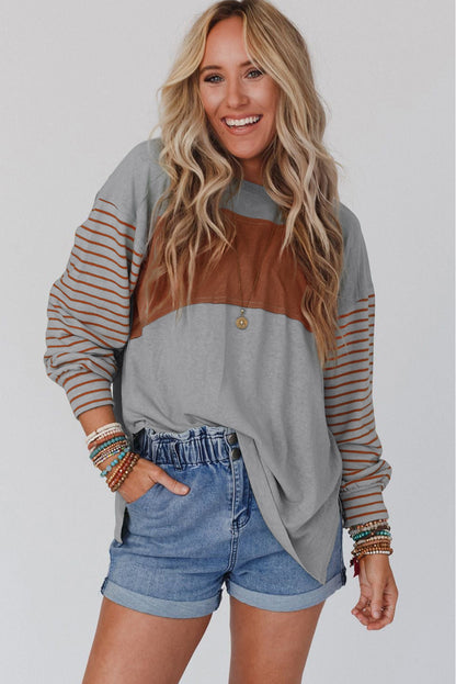Gray Colorblock Striped Bishop Sleeve Top MTS0164