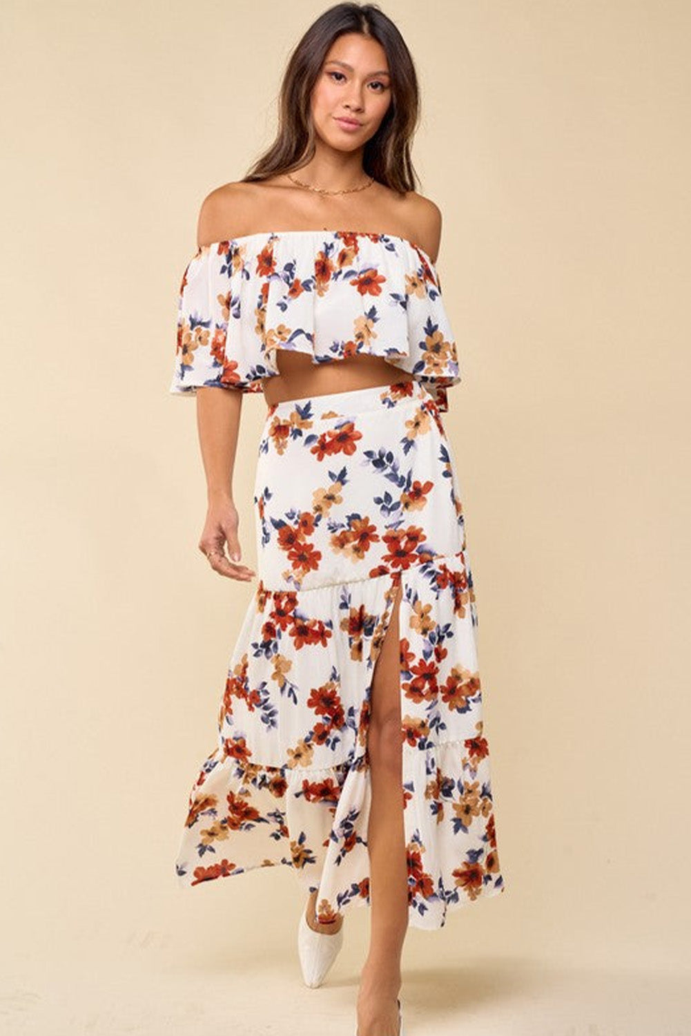 White Floral Print Off-shoulder Crop Top and Maxi Skirt Set MSO0216
