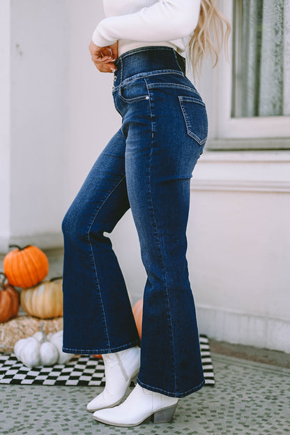 Blue Buttons Elastic Wide Waistband Back Flare Jeans MPJ0092