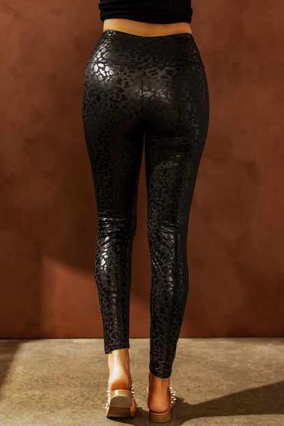 Black Shiny Leopard Textured Leggings MPJ0005